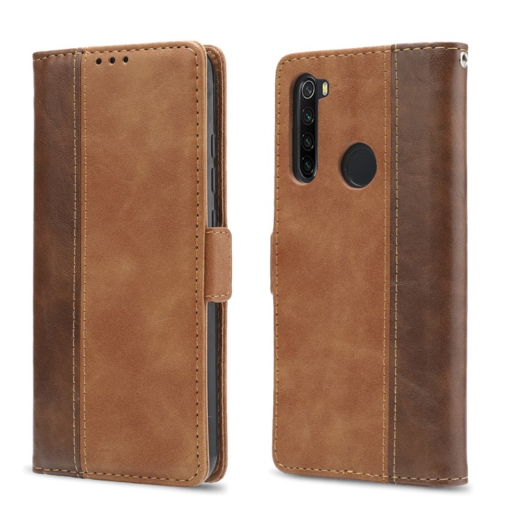Stitching Cell Phone Leather Wallet Case for Xiaomi Redmi Note 8 - Coffee / Brown-1
