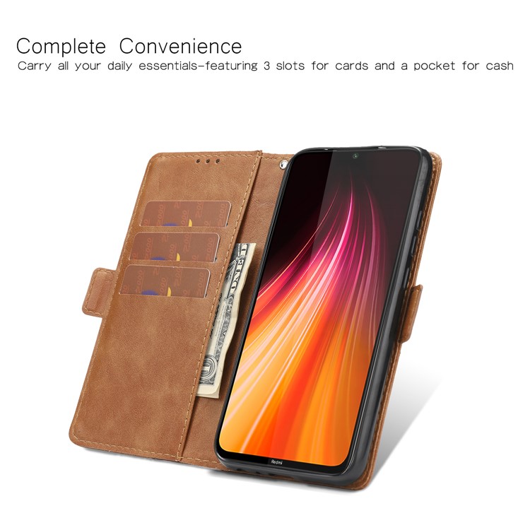 Stitching Cell Phone Leather Wallet Case for Xiaomi Redmi Note 8 - Coffee / Brown-2