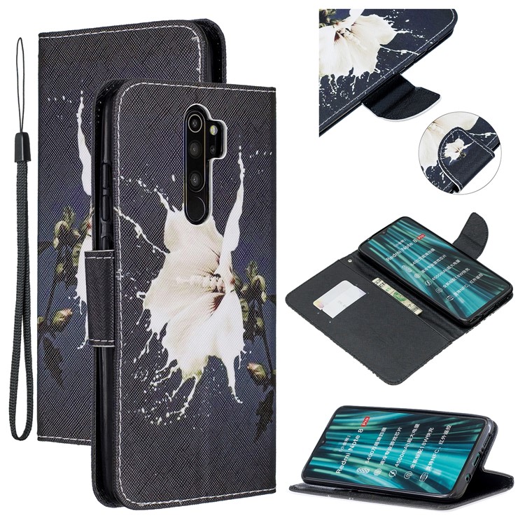 Pattern Printing Cross Texture Leather Wallet Case for Xiaomi Redmi Note 8 Pro - White Flower-1