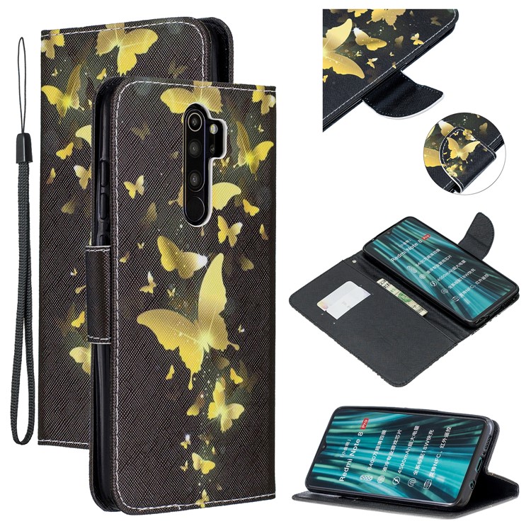 Pattern Printing Cross Texture Leather Wallet Case for Xiaomi Redmi Note 8 Pro - Gold Butterflies-1