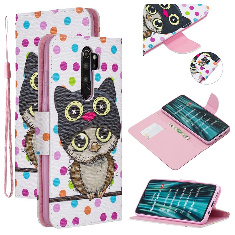 Pattern Printing Cross Texture Leather Wallet Case for Xiaomi Redmi Note 8 Pro - Owl-1