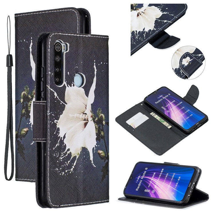 Light Spot Decor Patterned Wallet Leather Smart Case for Xiaomi Redmi Note 8 - White Flower-1