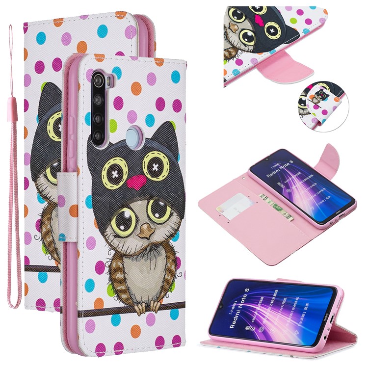 Light Spot Decor Patterned Wallet Leather Smart Case for Xiaomi Redmi Note 8 - Owl-1