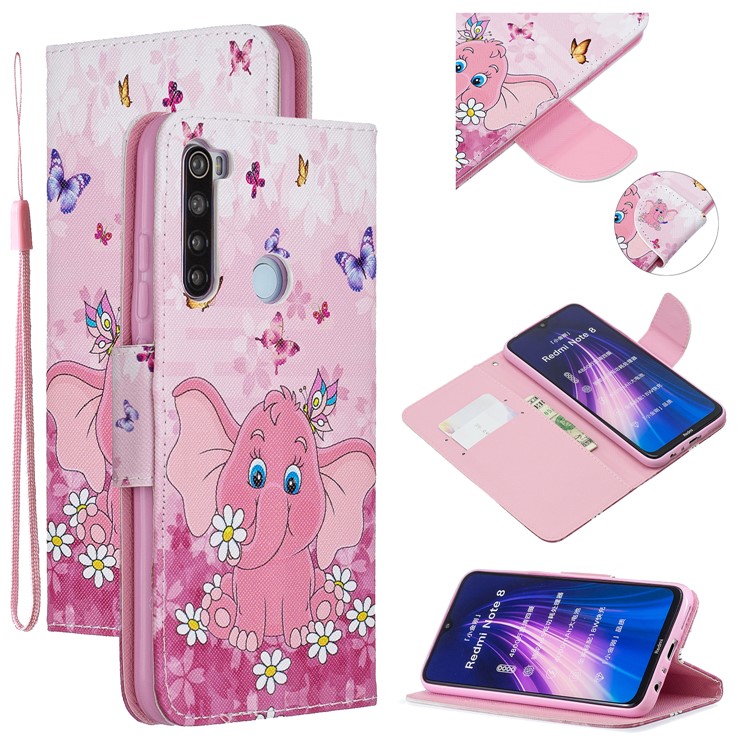 Light Spot Decor Patterned Wallet Leather Smart Case for Xiaomi Redmi Note 8 - Pink Elephant-1