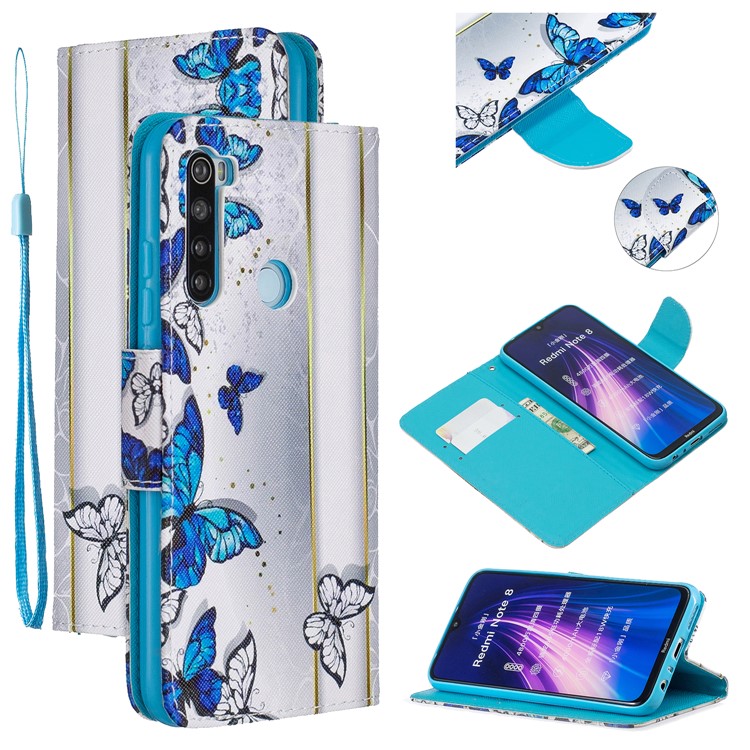 Light Spot Decor Patterned Wallet Leather Smart Case for Xiaomi Redmi Note 8 - Blue Butterflies-1