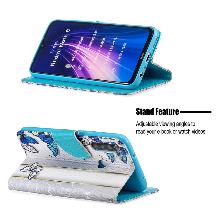 Light Spot Decor Patterned Wallet Leather Smart Case for Xiaomi Redmi Note 8 - Blue Butterflies-6