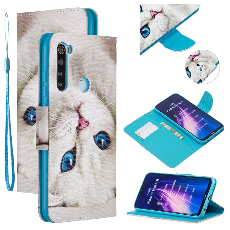 Light Spot Decor Patterned Wallet Leather Smart Case for Xiaomi Redmi Note 8 - White Cat-1