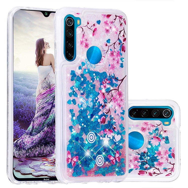 Pattern Printing Quicksand Dynamic Glittery Sequins TPU Casing for Xiaomi Redmi Note 8 - Blue/Peach Blossom-1