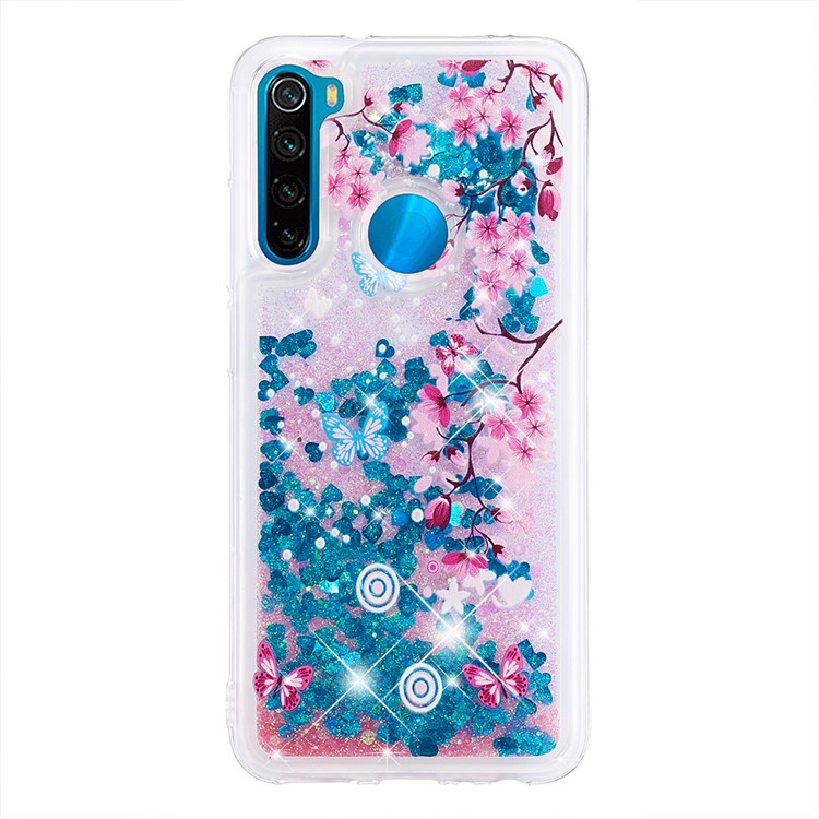 Pattern Printing Quicksand Dynamic Glittery Sequins TPU Casing for Xiaomi Redmi Note 8 - Blue/Peach Blossom-2