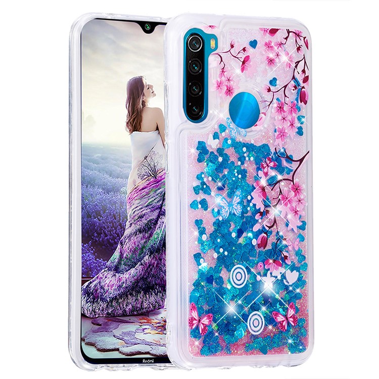 Pattern Printing Quicksand Dynamic Glittery Sequins TPU Casing for Xiaomi Redmi Note 8 - Blue/Peach Blossom-3
