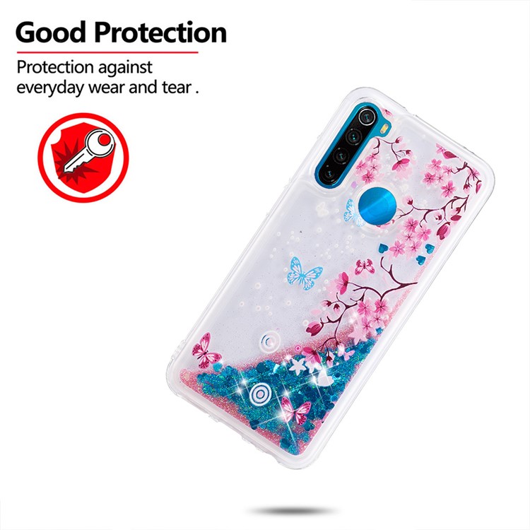 Pattern Printing Quicksand Dynamic Glittery Sequins TPU Casing for Xiaomi Redmi Note 8 - Blue/Peach Blossom-4