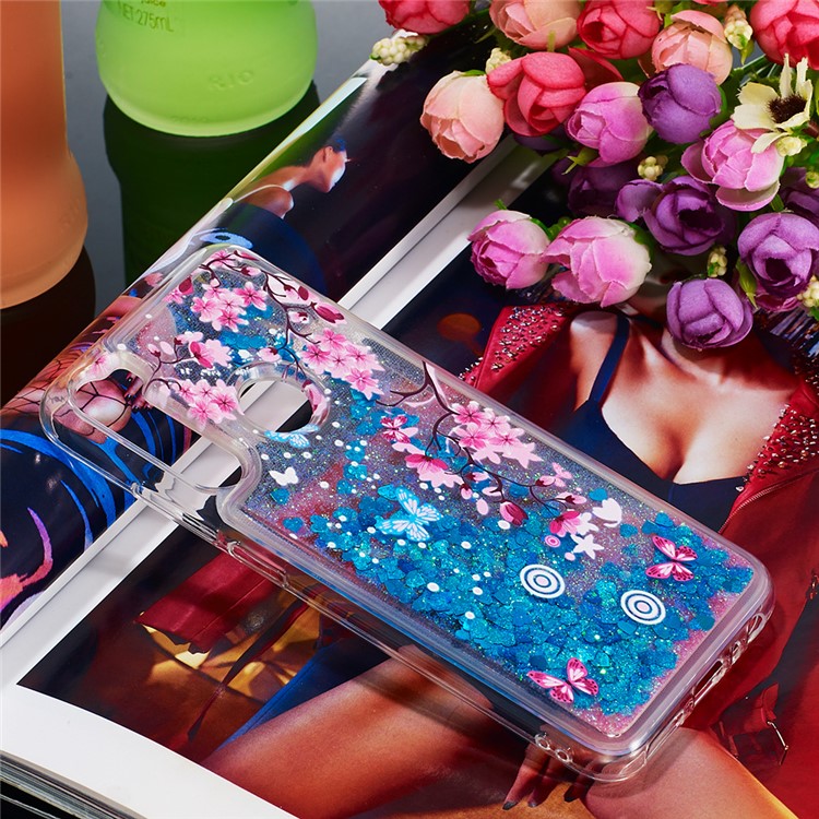 Pattern Printing Quicksand Dynamic Glittery Sequins TPU Casing for Xiaomi Redmi Note 8 - Blue/Peach Blossom-7