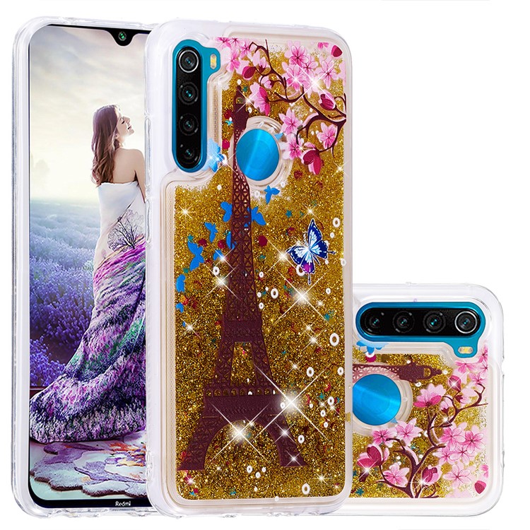 Pattern Printing Quicksand Dynamic Glittery Sequins TPU Casing for Xiaomi Redmi Note 8 - Gold/Eiffel Towel-1