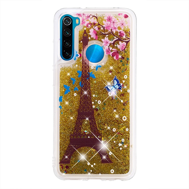 Pattern Printing Quicksand Dynamic Glittery Sequins TPU Casing for Xiaomi Redmi Note 8 - Gold/Eiffel Towel-2