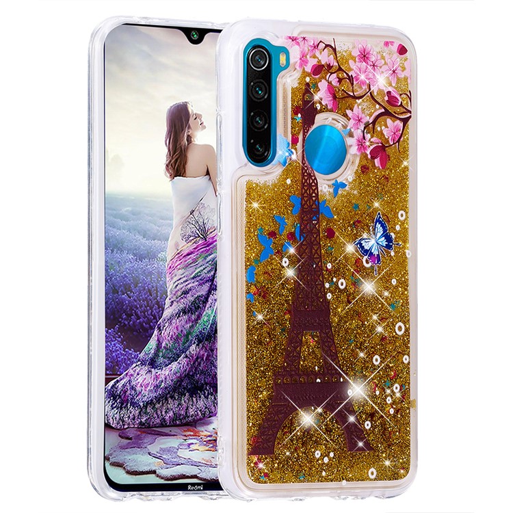 Pattern Printing Quicksand Dynamic Glittery Sequins TPU Casing for Xiaomi Redmi Note 8 - Gold/Eiffel Towel-3