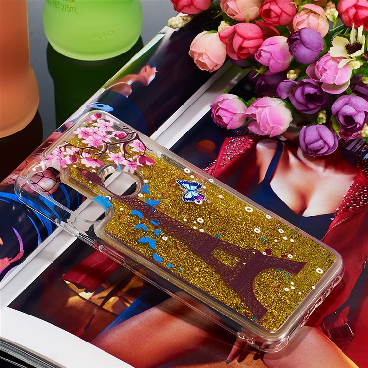 Pattern Printing Quicksand Dynamic Glittery Sequins TPU Casing for Xiaomi Redmi Note 8 - Gold/Eiffel Towel-7