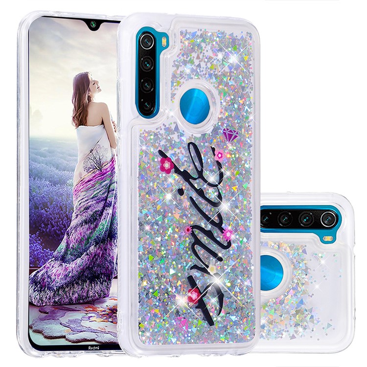 Pattern Printing Quicksand Dynamic Glittery Sequins TPU Casing for Xiaomi Redmi Note 8 - Silver/Smile-1