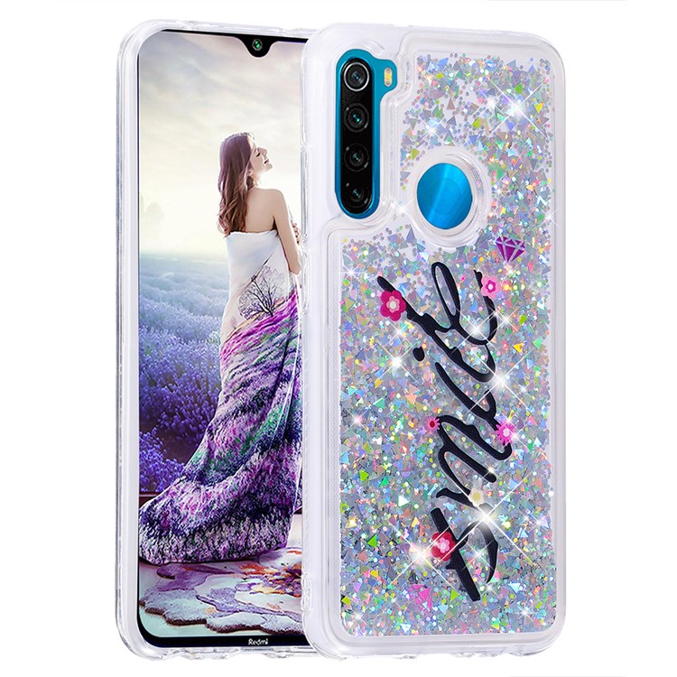 Pattern Printing Quicksand Dynamic Glittery Sequins TPU Casing for Xiaomi Redmi Note 8 - Silver/Smile-3
