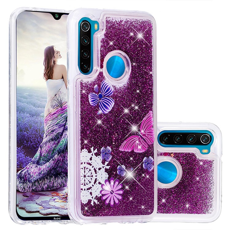 Pattern Printing Quicksand Dynamic Glittery Sequins TPU Casing for Xiaomi Redmi Note 8 - Purple/Butterfly and Flowers-1