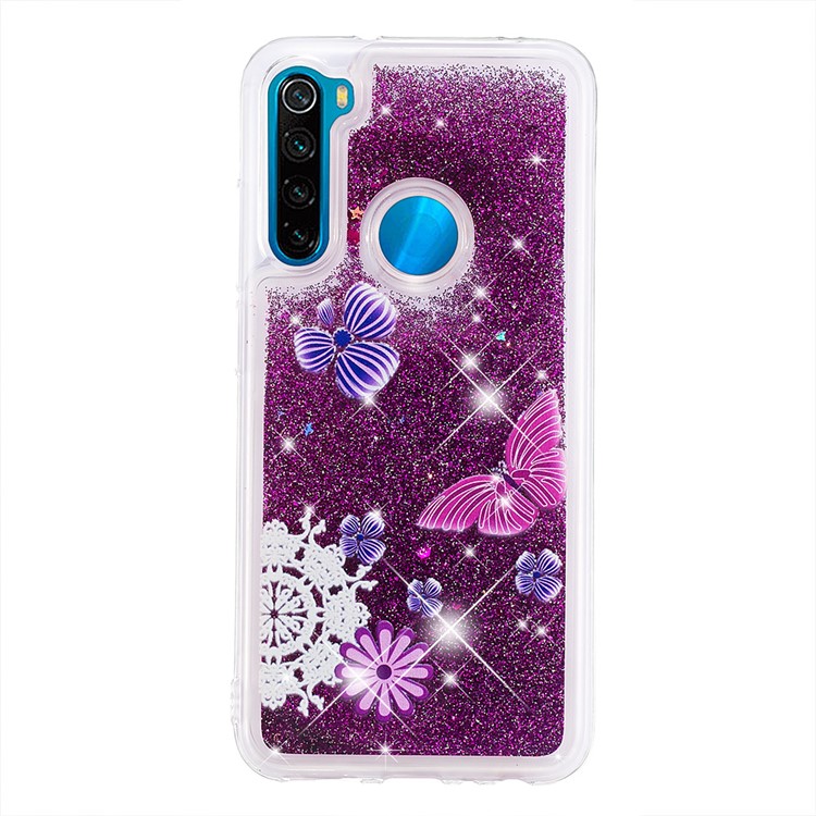 Pattern Printing Quicksand Dynamic Glittery Sequins TPU Casing for Xiaomi Redmi Note 8 - Purple/Butterfly and Flowers-2