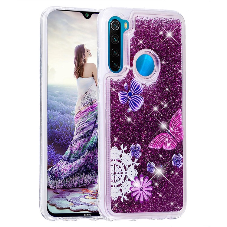 Pattern Printing Quicksand Dynamic Glittery Sequins TPU Casing for Xiaomi Redmi Note 8 - Purple/Butterfly and Flowers-3