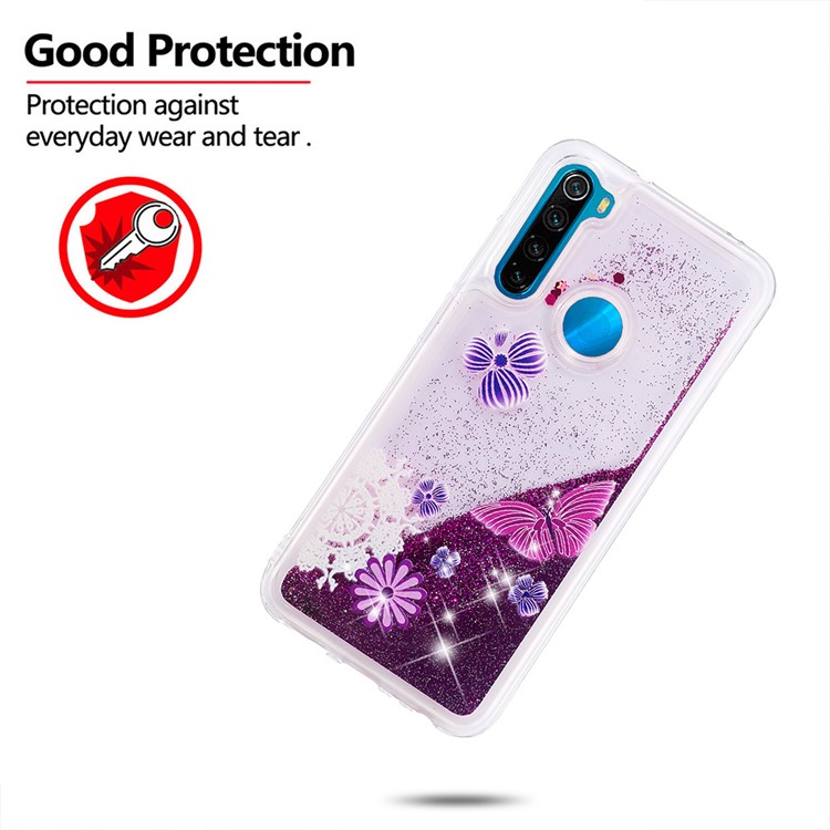 Pattern Printing Quicksand Dynamic Glittery Sequins TPU Casing for Xiaomi Redmi Note 8 - Purple/Butterfly and Flowers-4