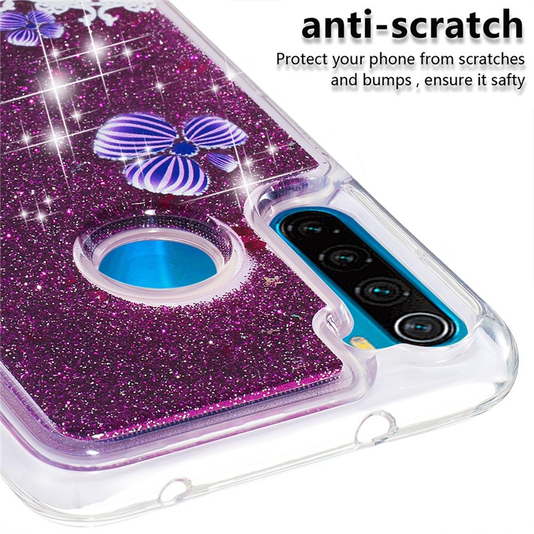Pattern Printing Quicksand Dynamic Glittery Sequins TPU Casing for Xiaomi Redmi Note 8 - Purple/Butterfly and Flowers-5