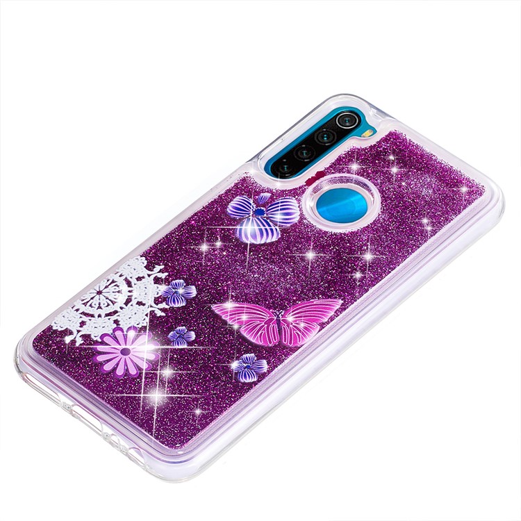 Pattern Printing Quicksand Dynamic Glittery Sequins TPU Casing for Xiaomi Redmi Note 8 - Purple/Butterfly and Flowers-6