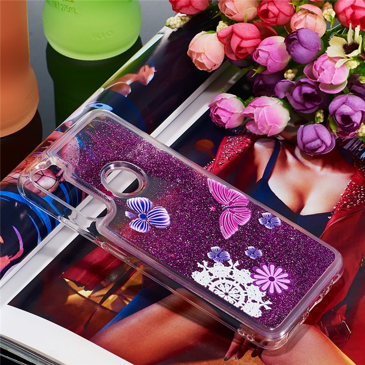 Pattern Printing Quicksand Dynamic Glittery Sequins TPU Casing for Xiaomi Redmi Note 8 - Purple/Butterfly and Flowers-7