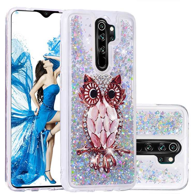 Pattern Printing Quicksand Dynamic Glittery Sequins TPU Case for Xiaomi Redmi Note 8 Pro - Silver/Owl-1