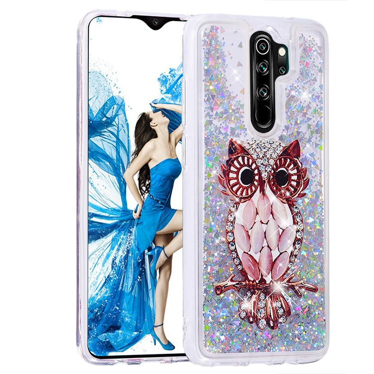 Pattern Printing Quicksand Dynamic Glittery Sequins TPU Case for Xiaomi Redmi Note 8 Pro - Silver/Owl-3