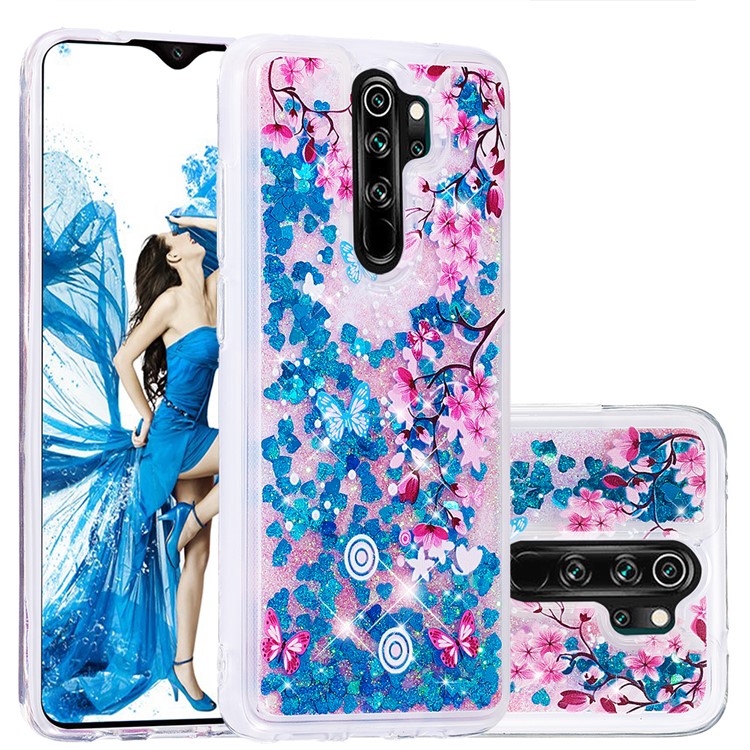 Pattern Printing Quicksand Dynamic Glittery Sequins TPU Case for Xiaomi Redmi Note 8 Pro - Blue/Peach Blossom-1
