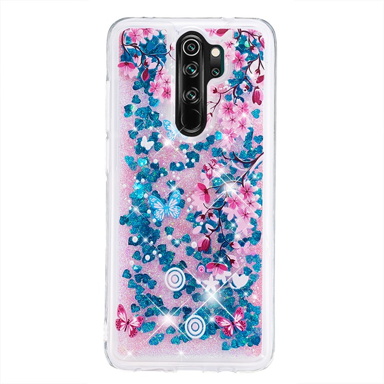 Pattern Printing Quicksand Dynamic Glittery Sequins TPU Case for Xiaomi Redmi Note 8 Pro - Blue/Peach Blossom-2