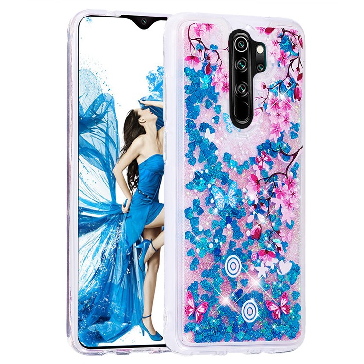Pattern Printing Quicksand Dynamic Glittery Sequins TPU Case for Xiaomi Redmi Note 8 Pro - Blue/Peach Blossom-3