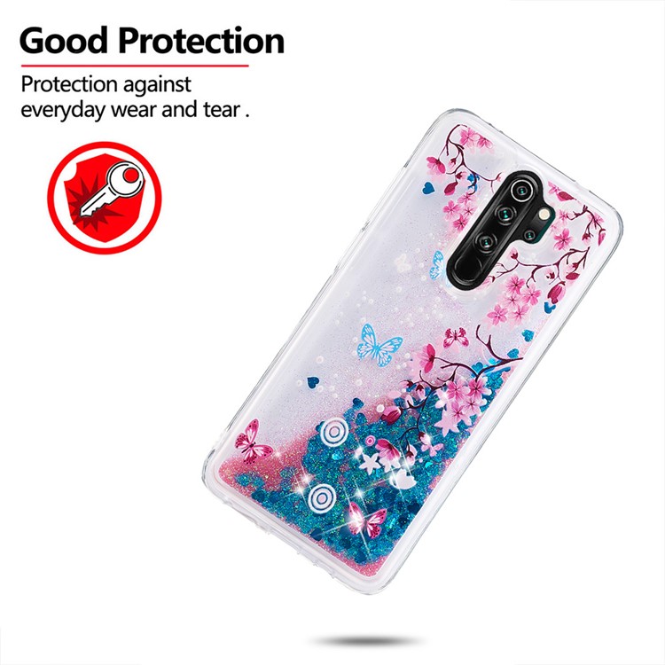 Pattern Printing Quicksand Dynamic Glittery Sequins TPU Case for Xiaomi Redmi Note 8 Pro - Blue/Peach Blossom-4