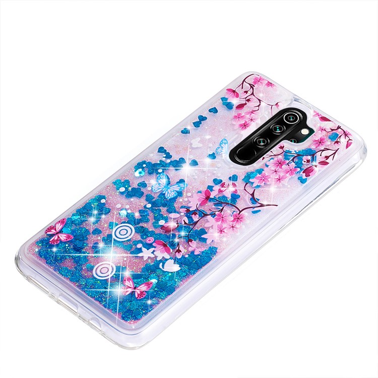 Pattern Printing Quicksand Dynamic Glittery Sequins TPU Case for Xiaomi Redmi Note 8 Pro - Blue/Peach Blossom-6