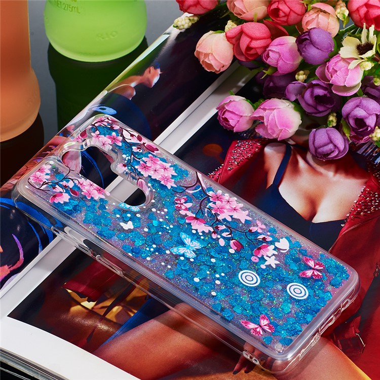 Pattern Printing Quicksand Dynamic Glittery Sequins TPU Case for Xiaomi Redmi Note 8 Pro - Blue/Peach Blossom-7