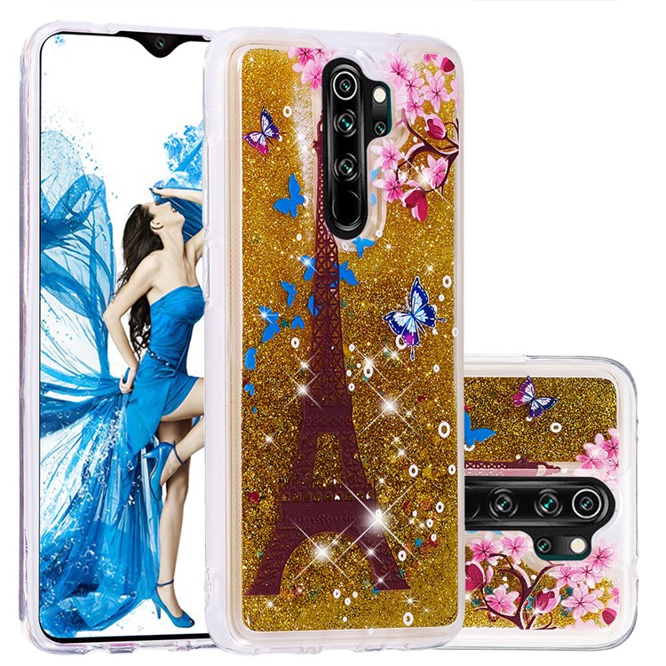 Pattern Printing Quicksand Dynamic Glittery Sequins TPU Case for Xiaomi Redmi Note 8 Pro - Gold/Eiffel Towel-1