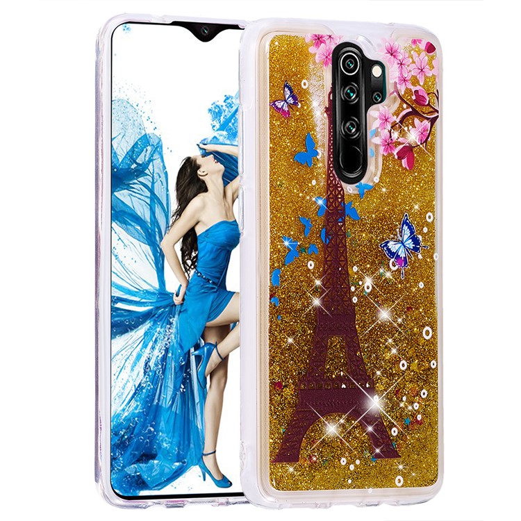 Pattern Printing Quicksand Dynamic Glittery Sequins TPU Case for Xiaomi Redmi Note 8 Pro - Gold/Eiffel Towel-3