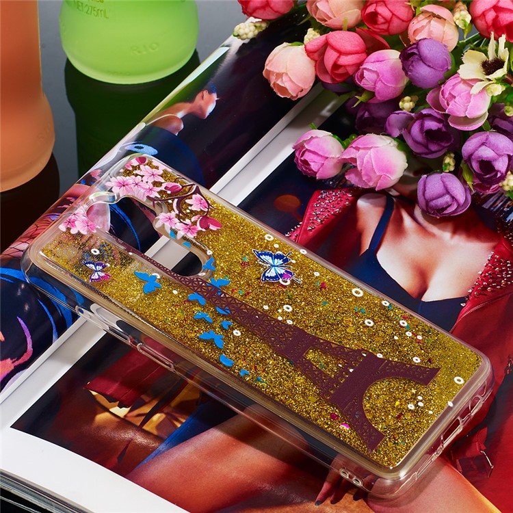 Pattern Printing Quicksand Dynamic Glittery Sequins TPU Case for Xiaomi Redmi Note 8 Pro - Gold/Eiffel Towel-7