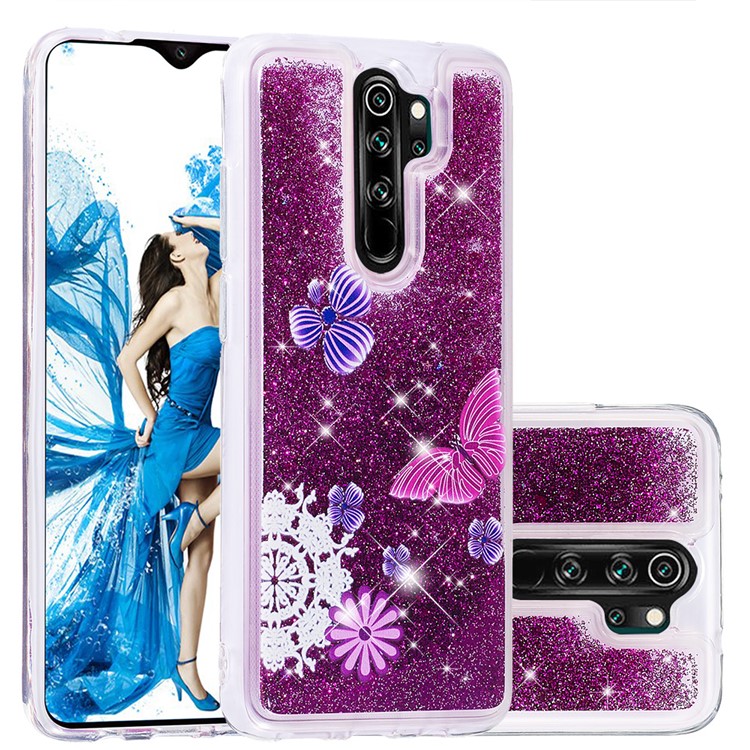 Pattern Printing Quicksand Dynamic Glittery Sequins TPU Case for Xiaomi Redmi Note 8 Pro - Purple/Butterfly and Flowers-1