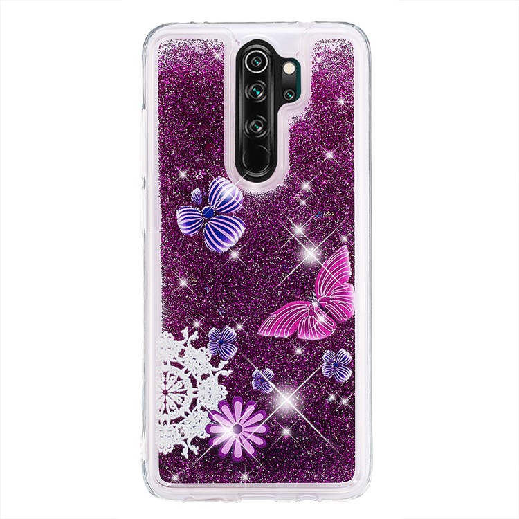 Pattern Printing Quicksand Dynamic Glittery Sequins TPU Case for Xiaomi Redmi Note 8 Pro - Purple/Butterfly and Flowers-2