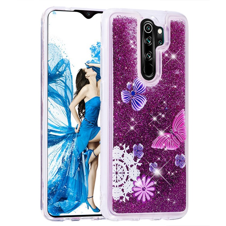Pattern Printing Quicksand Dynamic Glittery Sequins TPU Case for Xiaomi Redmi Note 8 Pro - Purple/Butterfly and Flowers-3