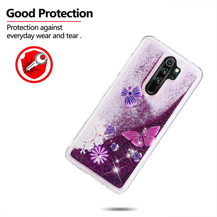 Pattern Printing Quicksand Dynamic Glittery Sequins TPU Case for Xiaomi Redmi Note 8 Pro - Purple/Butterfly and Flowers-4