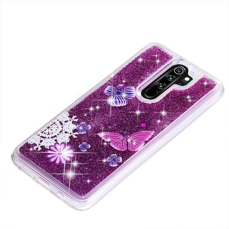 Pattern Printing Quicksand Dynamic Glittery Sequins TPU Case for Xiaomi Redmi Note 8 Pro - Purple/Butterfly and Flowers-6