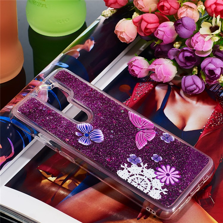 Pattern Printing Quicksand Dynamic Glittery Sequins TPU Case for Xiaomi Redmi Note 8 Pro - Purple/Butterfly and Flowers-7