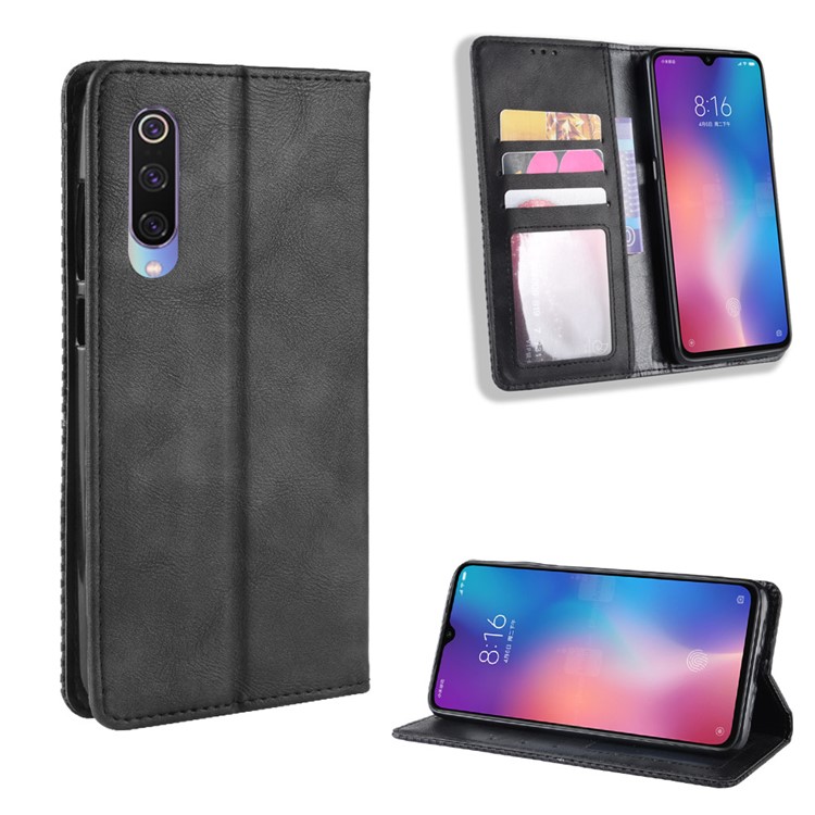 Vintage Style Leather Wallet Casing for Xiaomi Mi 9 Pro 5G - Black-1