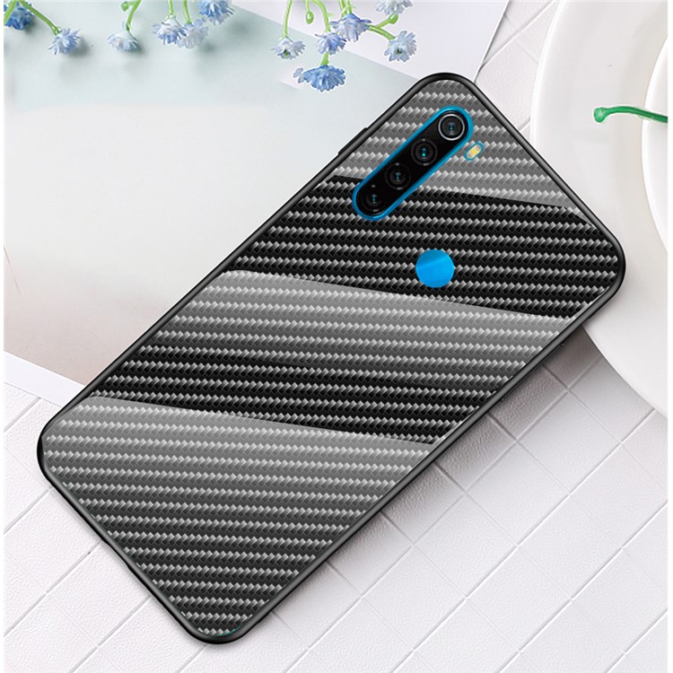 Carbon Fiber Texture Tempered Glass Phone Case Covering for Xiaomi Redmi Note 8 - Black Fiber