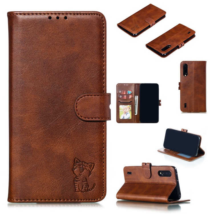 Imprinted Cat Pattern Leather Wallet Stand Case for Xiaomi Mi CC9 / Mi CC9 Meitu Edition - Coffee-1