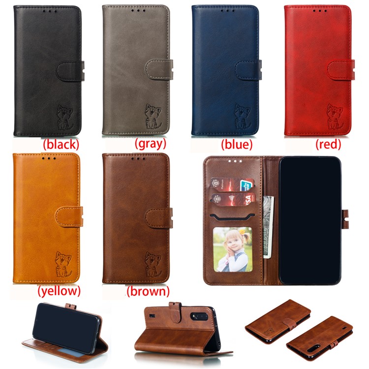 Imprinted Cat Pattern Leather Wallet Stand Casing for Xiaomi Mi CC9e / Mi A3 - Coffee-10